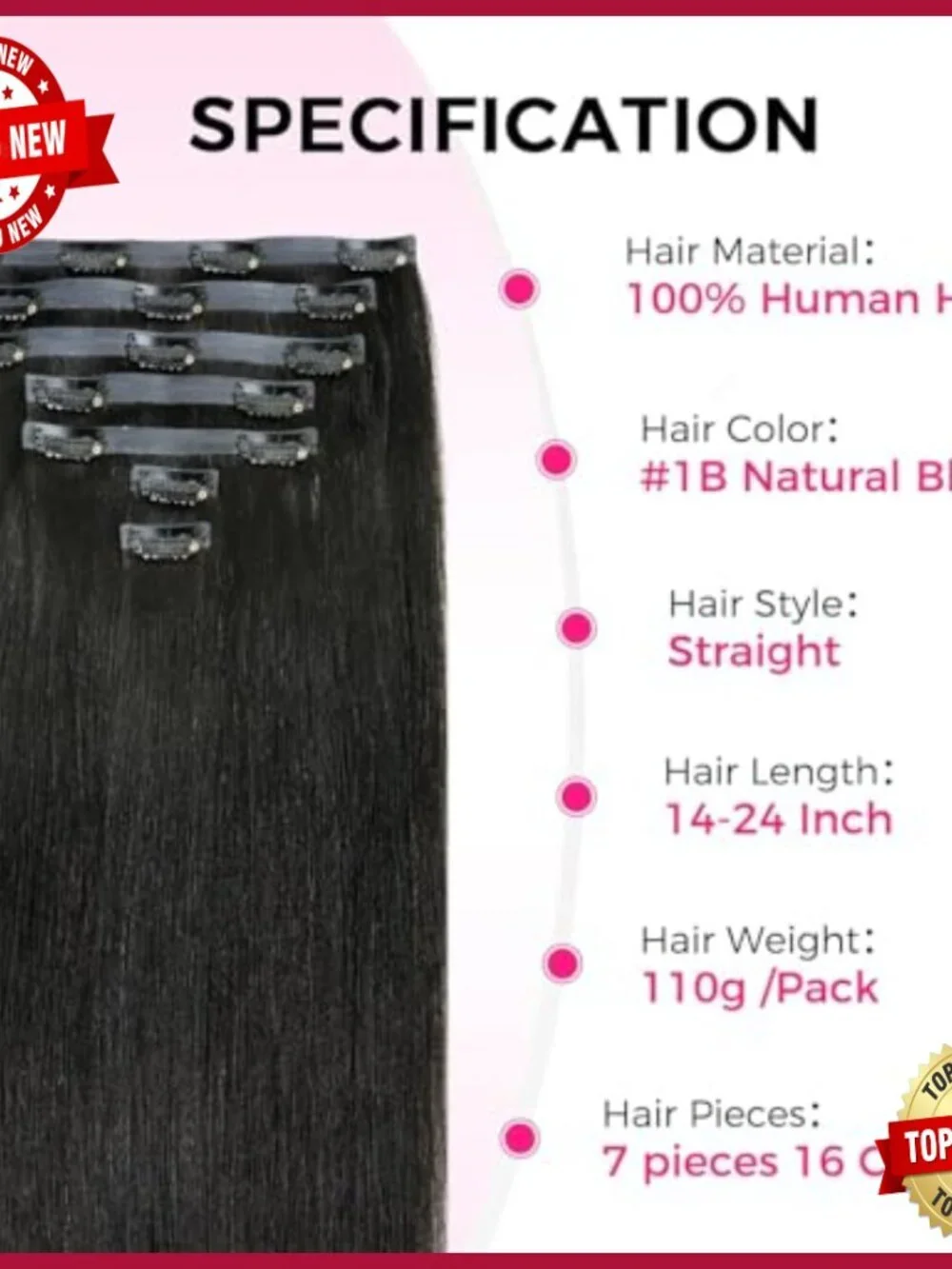Human Hair Clip-In Extensions 14 Inch Silky Straight 7pcs 110g